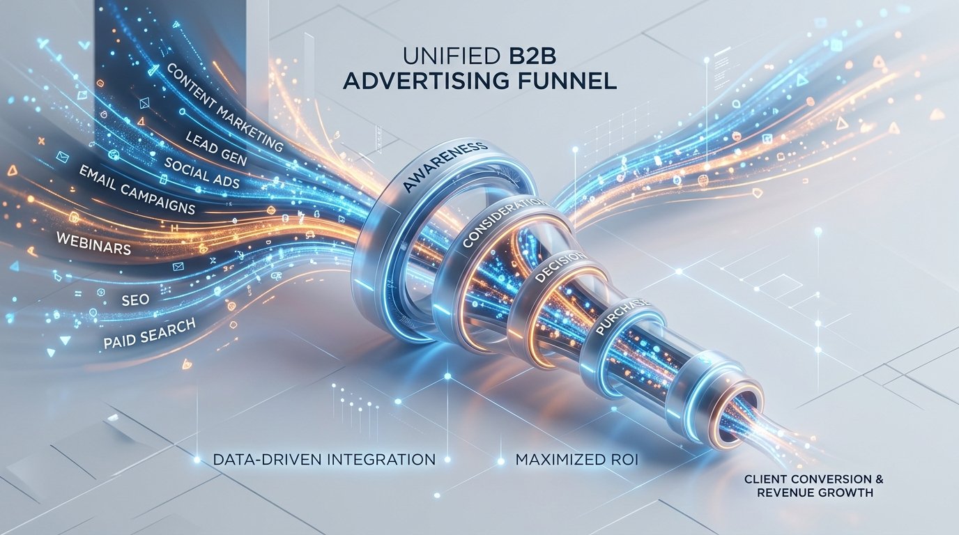 B2B advertising strategy framework showing ICP decision tree, funnel stages, and pipeline metrics — Gwenchana Digital