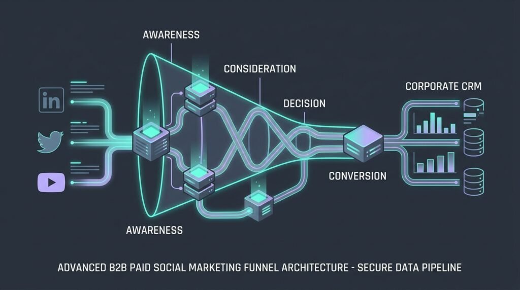 B2B paid social marketing funnel architecture diagram showing multi-channel awareness inputs (LinkedIn, Twitter, YouTube) flowing through consideration, decision, and conversion stages into a corporate CRM data pipeline