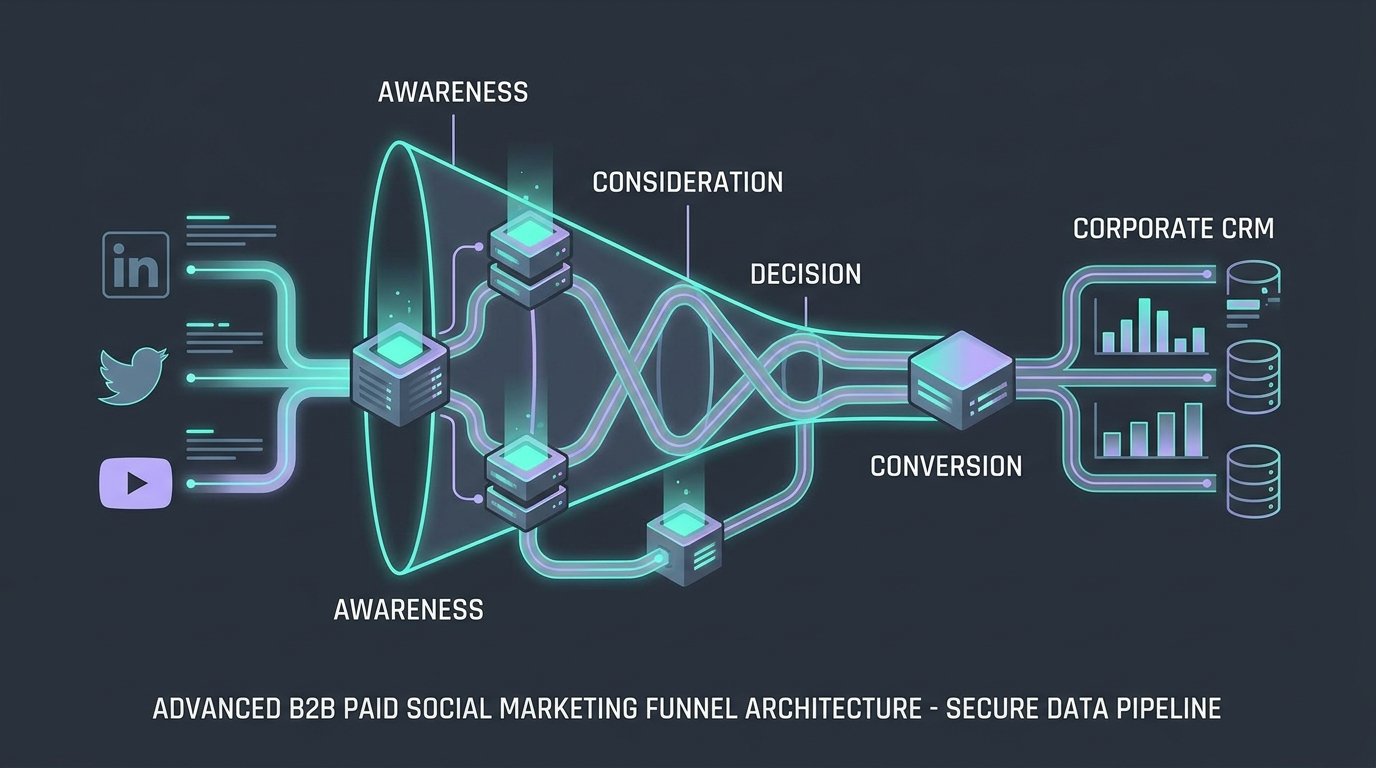 B2B paid social marketing funnel architecture diagram showing multi-channel awareness inputs (LinkedIn, Twitter, YouTube) flowing through consideration, decision, and conversion stages into a corporate CRM data pipeline