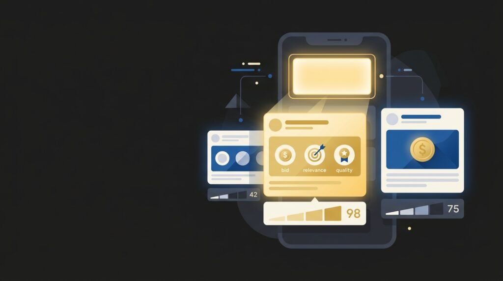 Clean editorial flat illustration for a digital marketing blog, 16:9 landscape. Concept: a real-time ad auction. Three stylized ad cards compete for one glowing feed slot on a smartphone screen. The center card has a small "bid" coin, a target/bullseye icon (relevance), and a star badge (quality), and it sits on top of a subtle scoreboard bar showing it has the highest score, while a larger-coin card beside it ranks lower. Style: modern minimal vector, soft geometric shapes, subtle gradients, generous negative space on the left third for a headline overlay. Color palette: deep charcoal background (#1e1d1c), warm gold accent (#e9d26f) for the winning card and highlights, small touches of blue (#007bff), off-white (#f1f1f1) for UI elements. No text, no logos, no real Facebook or Meta branding, no people, no watermark. High contrast, crisp edges, professional and trustworthy mood.