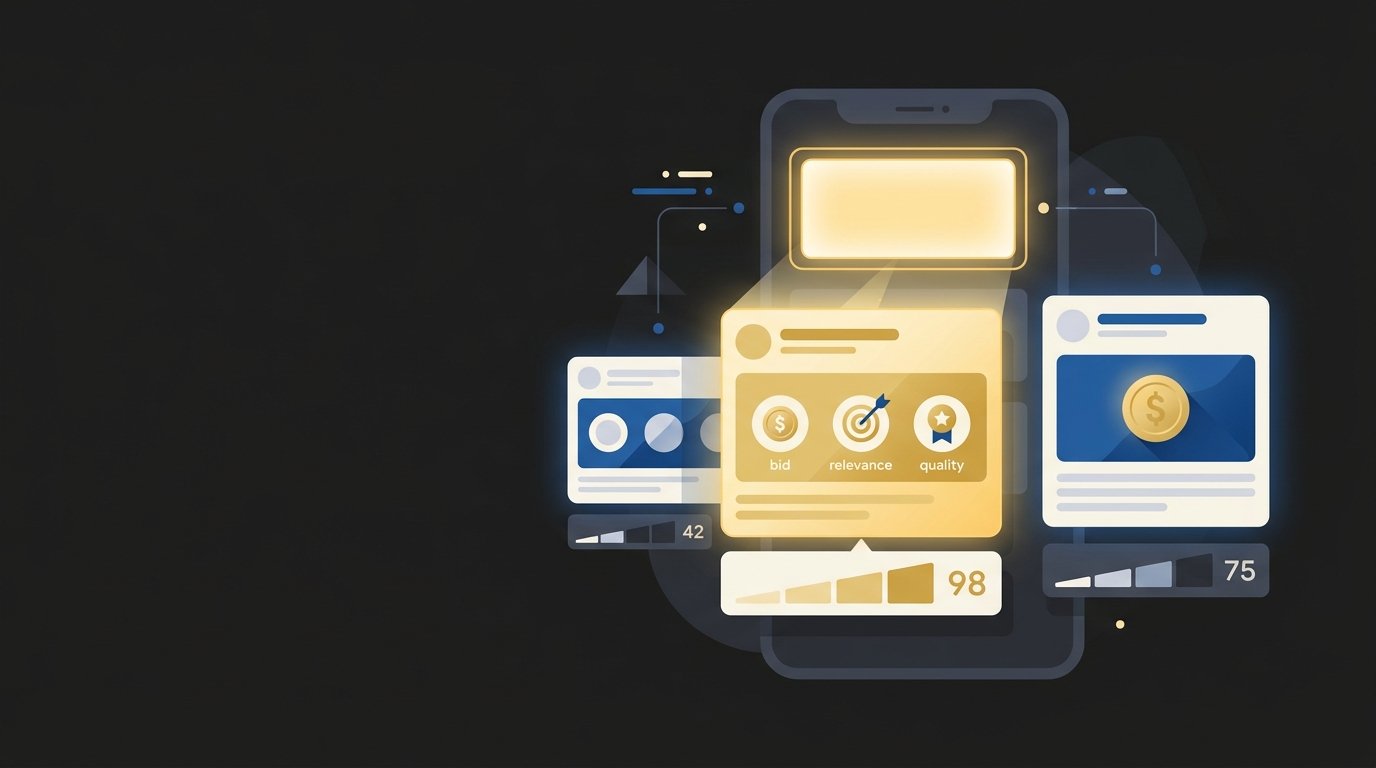 Clean editorial flat illustration for a digital marketing blog, 16:9 landscape. Concept: a real-time ad auction. Three stylized ad cards compete for one glowing feed slot on a smartphone screen. The center card has a small "bid" coin, a target/bullseye icon (relevance), and a star badge (quality), and it sits on top of a subtle scoreboard bar showing it has the highest score, while a larger-coin card beside it ranks lower. Style: modern minimal vector, soft geometric shapes, subtle gradients, generous negative space on the left third for a headline overlay. Color palette: deep charcoal background (#1e1d1c), warm gold accent (#e9d26f) for the winning card and highlights, small touches of blue (#007bff), off-white (#f1f1f1) for UI elements. No text, no logos, no real Facebook or Meta branding, no people, no watermark. High contrast, crisp edges, professional and trustworthy mood.