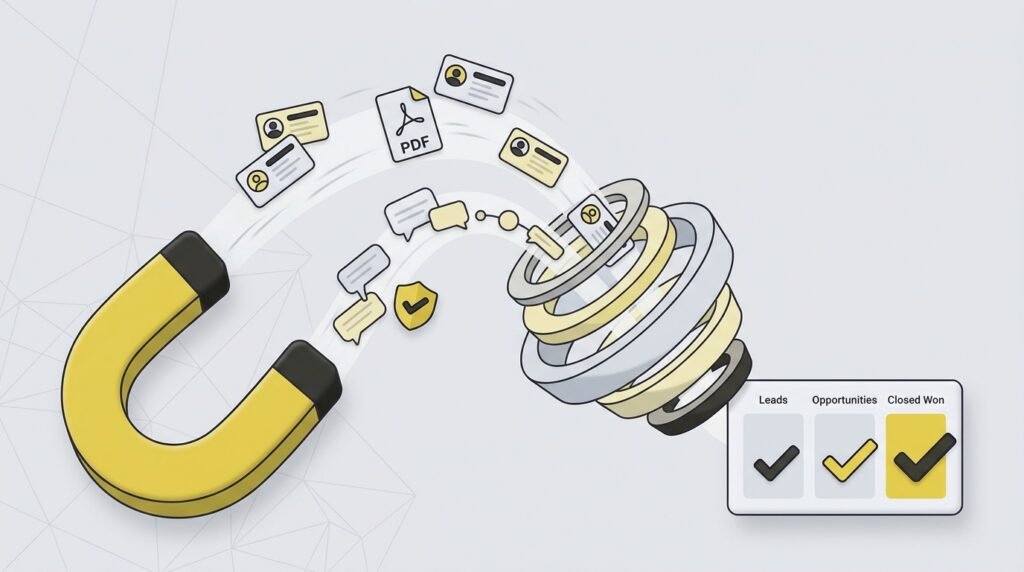 Editorial flat 3D illustration for a B2B marketing blog header, 16:9, 1200x675. A large horseshoe magnet in matte citron yellow (#ECCE22) on the left pulls small floating contact cards, a PDF catalog icon, and generic chat bubbles toward it. The items flow to the right into a clean, minimal funnel made of stacked rounded layers, ending at a simple dashboard card with three columns and checkmarks (representing a CRM pipeline). A small shield icon with a check sits beside the chat bubbles to suggest spam filtering. Background: soft light grey (#F1F1F1) with subtle geometric grid lines. Accents and outlines in charcoal (#1E1D1C). Soft studio lighting, gentle shadows, lots of negative space on the right third for a headline overlay. Modern, calm, professional, Indonesian B2B agency style. No text, no letters, no numbers, no brand logos, no WhatsApp logo, no people.