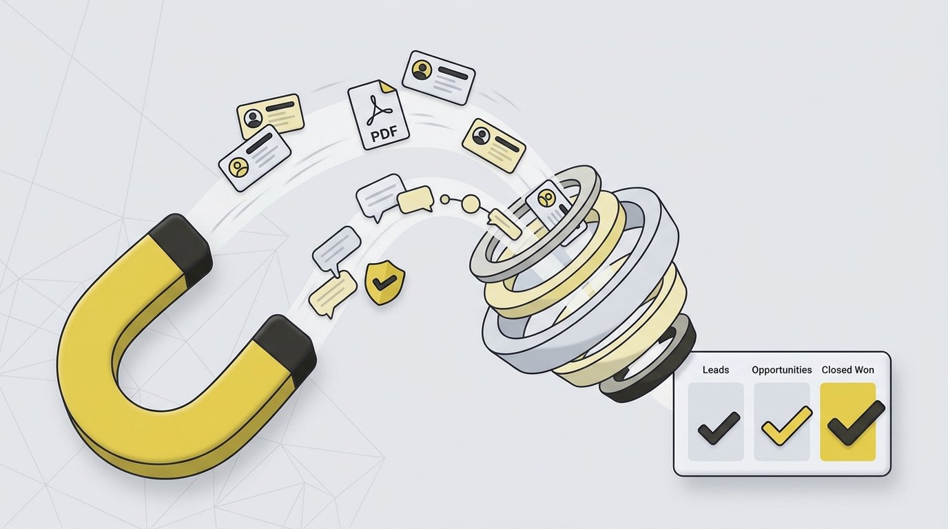 Editorial flat 3D illustration for a B2B marketing blog header, 16:9, 1200x675. A large horseshoe magnet in matte citron yellow (#ECCE22) on the left pulls small floating contact cards, a PDF catalog icon, and generic chat bubbles toward it. The items flow to the right into a clean, minimal funnel made of stacked rounded layers, ending at a simple dashboard card with three columns and checkmarks (representing a CRM pipeline). A small shield icon with a check sits beside the chat bubbles to suggest spam filtering. Background: soft light grey (#F1F1F1) with subtle geometric grid lines. Accents and outlines in charcoal (#1E1D1C). Soft studio lighting, gentle shadows, lots of negative space on the right third for a headline overlay. Modern, calm, professional, Indonesian B2B agency style. No text, no letters, no numbers, no brand logos, no WhatsApp logo, no people.