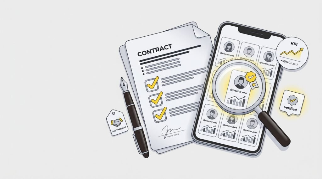 Influencer marketing agency - ilustrasi kontrak KOL dengan checklist dan verifikasi data audiens kreator